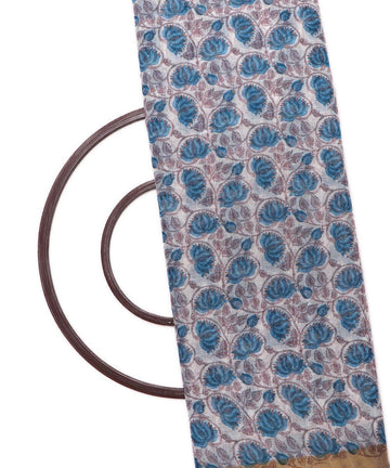 white digital floral printed zari border doria linen fabric